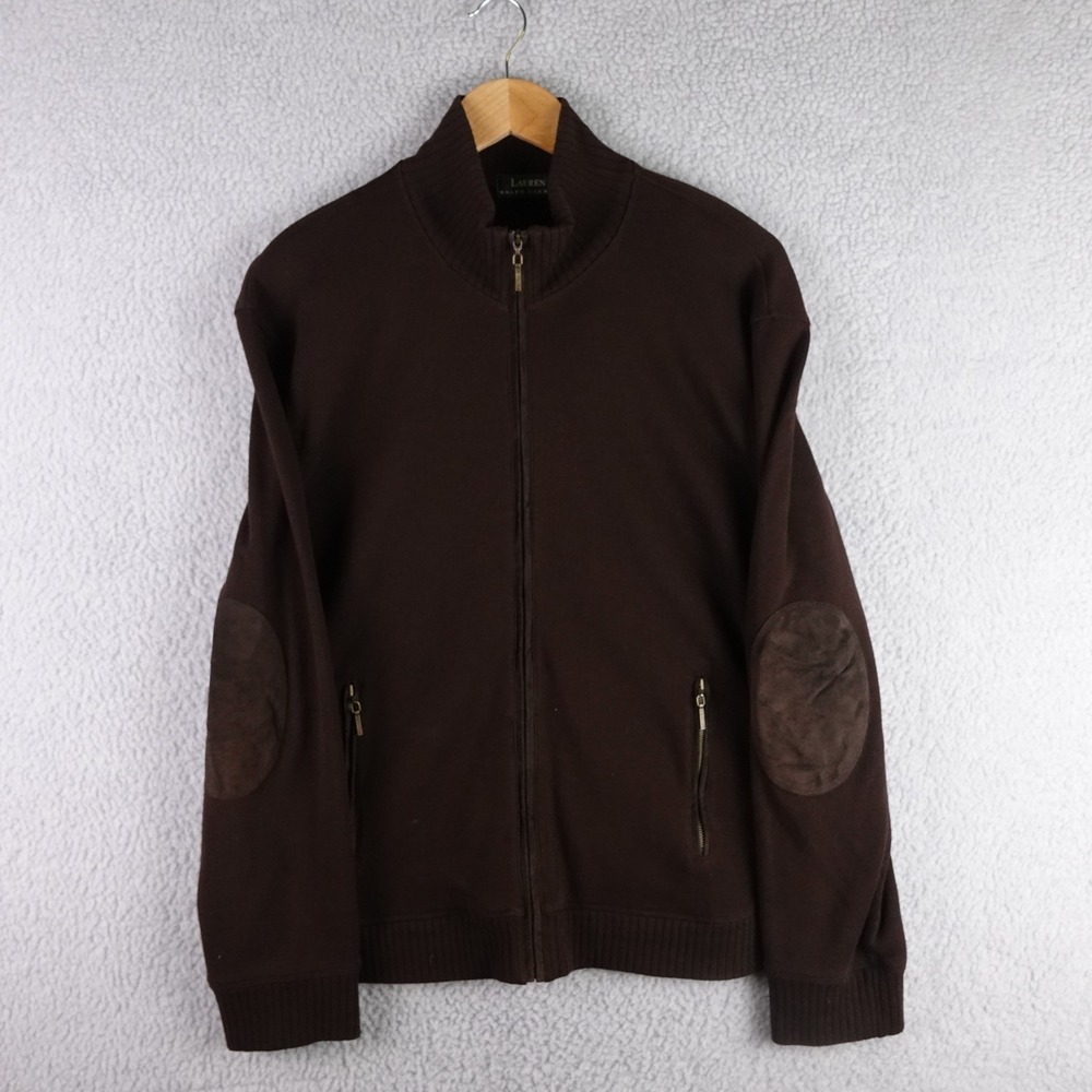 Lauren Ralph Lauren Mens Full Zip Mock Neck Sweater Brown Elbow Patch XL